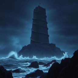 A massive black spiraling tower rising 10,000 feet high on a remote island, looming menacingly against the dark night sky