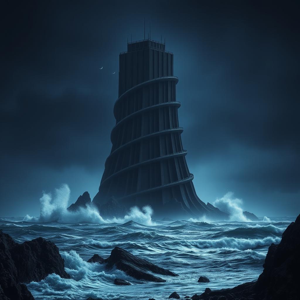 A massive black spiraling tower rising 10,000 feet high on a remote island, looming menacingly against the dark night sky