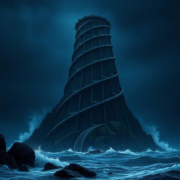 A massive black spiraling tower rising 10,000 feet high on a remote island, looming menacingly against the dark night sky