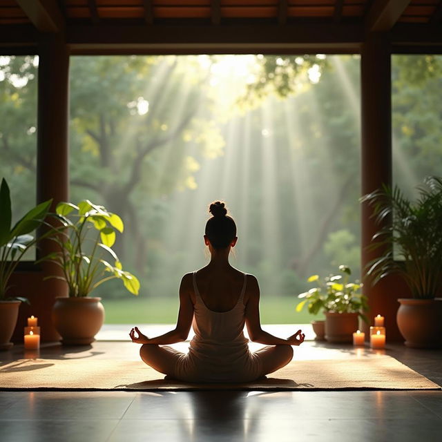 A serene scene inside a peaceful temple featuring a person practicing yoga in a lotus position