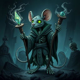 A detailed illustration of a mouse-humanoid weremouse undead mage, standing in a dark, shadowy environment