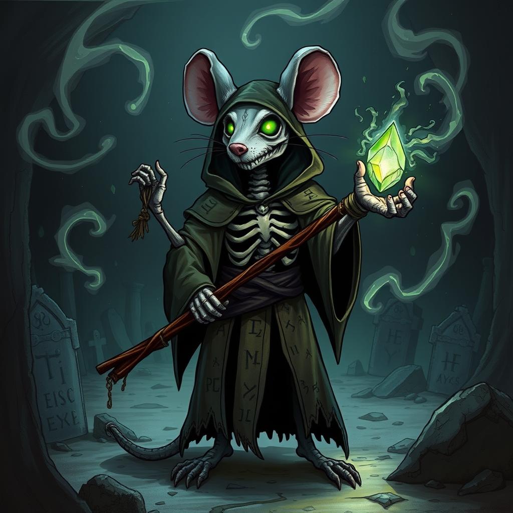 A detailed illustration of a mouse-humanoid weremouse undead mage, standing in a dark, shadowy environment