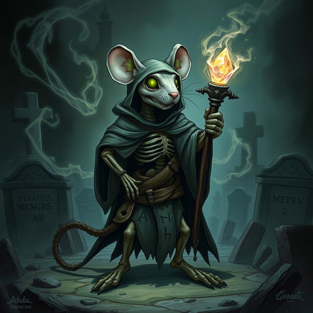 A detailed illustration of a mouse-humanoid weremouse undead mage, standing in a dark, shadowy environment