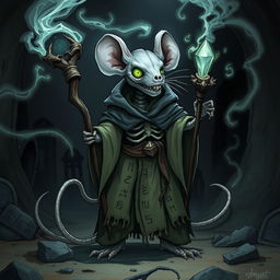 A detailed illustration of a mouse-humanoid weremouse undead mage, standing in a dark, shadowy environment
