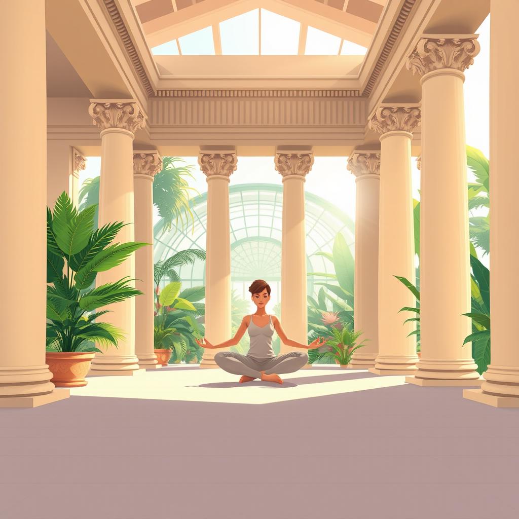 An illustration of a serene scene inside a peaceful Greek temple, depicting a person practicing yoga in a lotus position