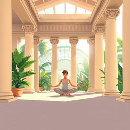 An illustration of a serene scene inside a peaceful Greek temple, depicting a person practicing yoga in a lotus position