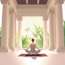 An illustration of a serene scene inside a peaceful Greek temple, depicting a person practicing yoga in a lotus position