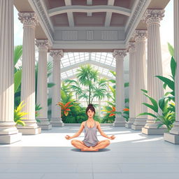 An illustration of a serene scene inside a peaceful Greek temple, depicting a person practicing yoga in a lotus position
