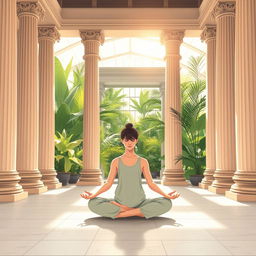 An illustration of a serene scene inside a peaceful Greek temple, depicting a person practicing yoga in a lotus position