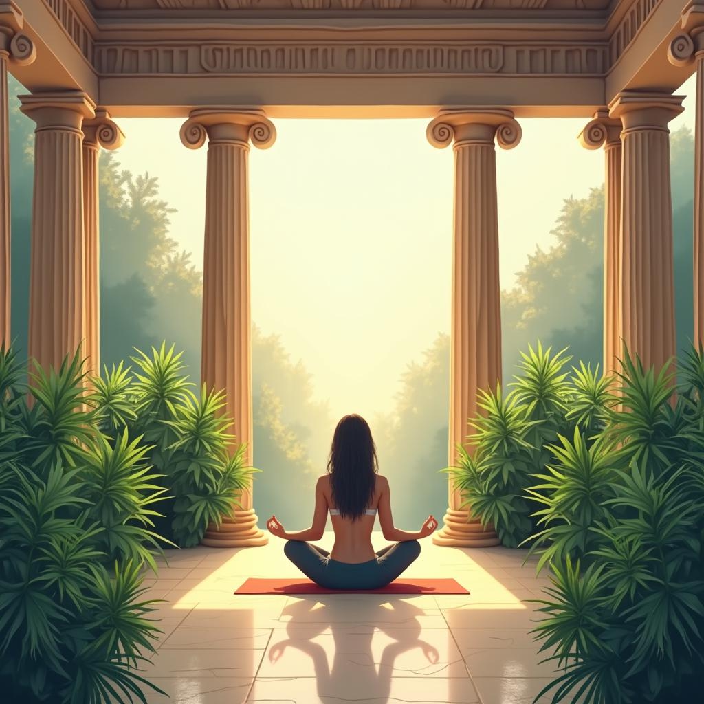 An illustration depicting a serene scene inside a peaceful Greek temple, where a person is practicing yoga in the lotus position