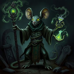 A highly detailed illustration of a mouse-humanoid weremouse undead mage with multiple limbs, standing in a dark, shadowy environment