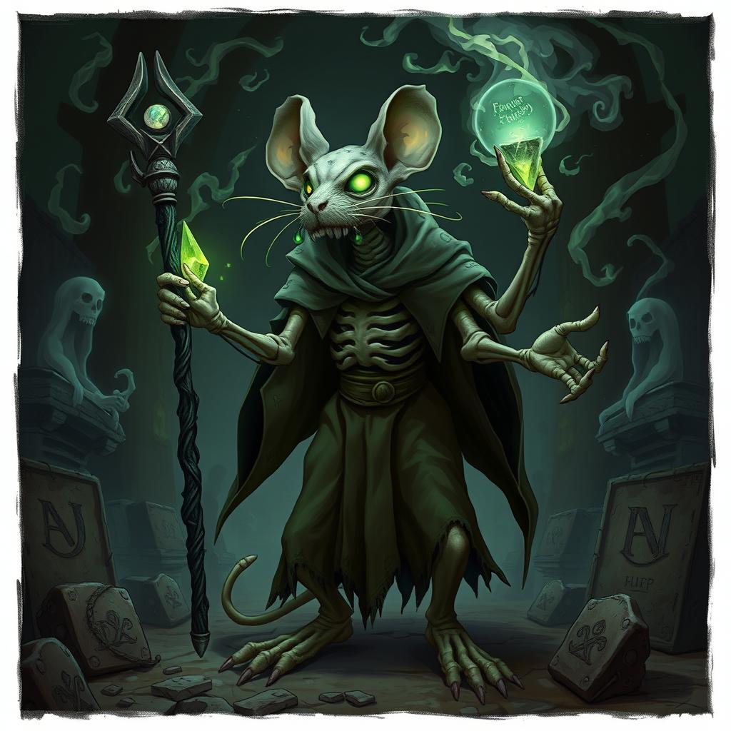 A highly detailed illustration of a mouse-humanoid weremouse undead mage with multiple limbs, standing in a dark, shadowy environment