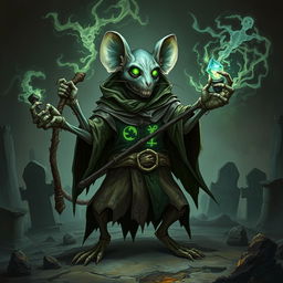 A highly detailed illustration of a mouse-humanoid weremouse undead mage with multiple limbs, standing in a dark, shadowy environment