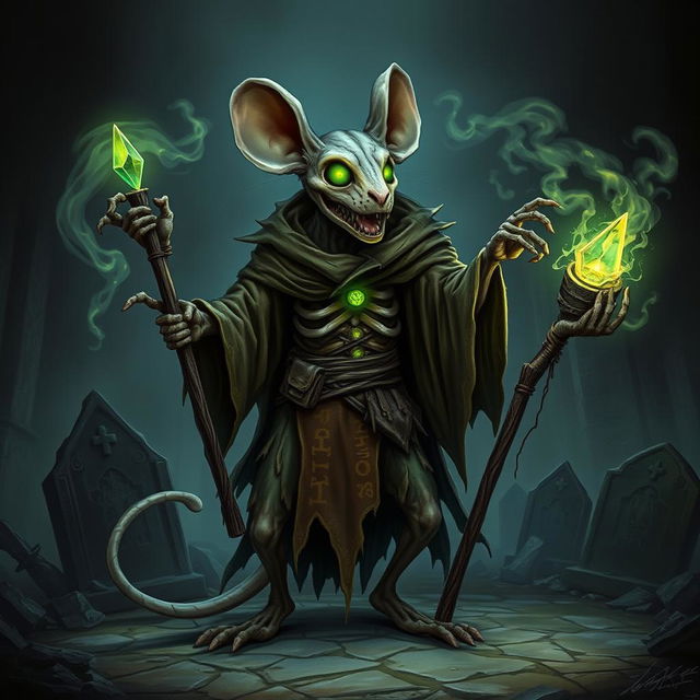 A highly detailed illustration of a mouse-humanoid weremouse undead mage with multiple limbs, standing in a dark, shadowy environment