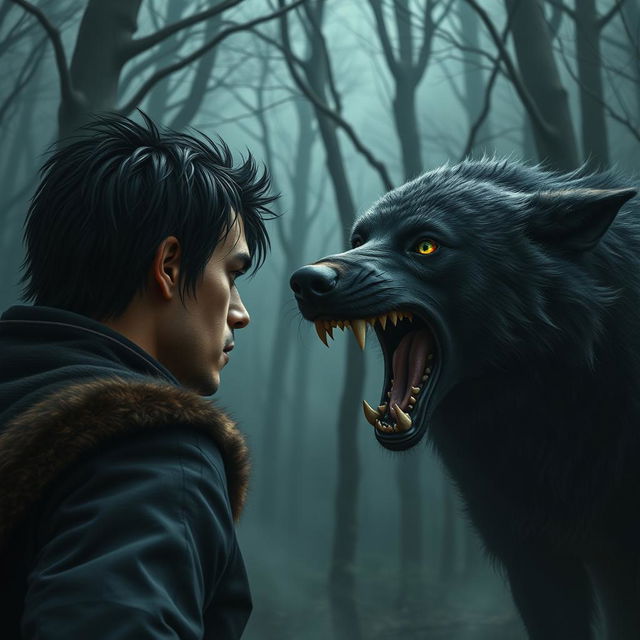 A tense moment depicting a man with intense black hair and piercing green eyes, standing in a defensive stance as he faces a furious black wolf lunging at him