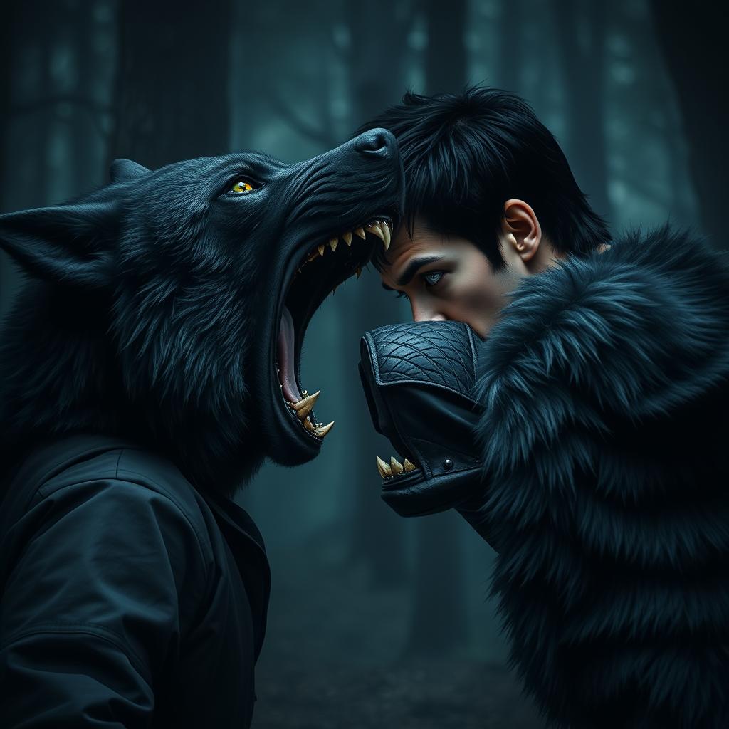 A tense moment depicting a man with intense black hair and piercing green eyes, standing in a defensive stance as he faces a furious black wolf lunging at him