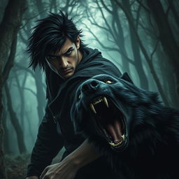 A tense moment depicting a man with intense black hair and piercing green eyes, standing in a defensive stance as he faces a furious black wolf lunging at him