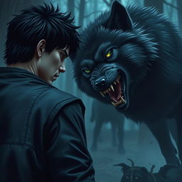 A tense moment depicting a man with intense black hair and piercing green eyes, standing in a defensive stance as he faces a furious black wolf lunging at him