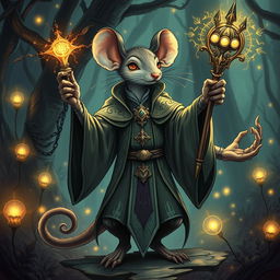 An intricate illustration of a mouse-humanoid weremouse mage with multiple limbs, showcasing a blend of humanoid and rodent features