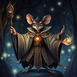 An intricate illustration of a mouse-humanoid weremouse mage with multiple limbs, showcasing a blend of humanoid and rodent features