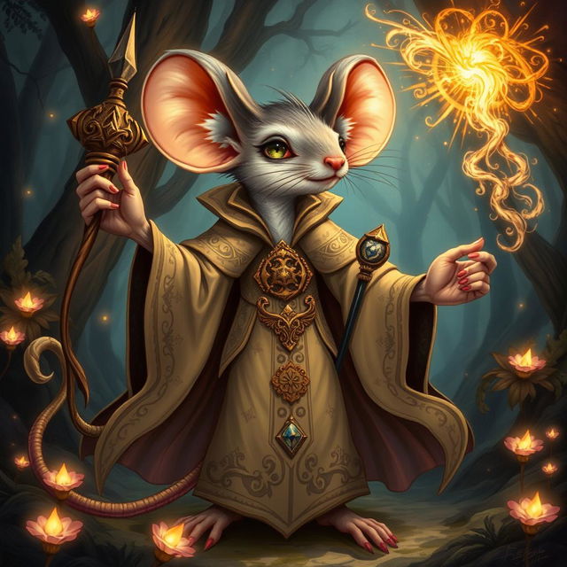 An intricate illustration of a mouse-humanoid weremouse mage with multiple limbs, showcasing a blend of humanoid and rodent features