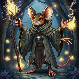 An intricate illustration of a mouse-humanoid weremouse mage with multiple limbs, showcasing a blend of humanoid and rodent features