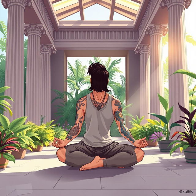 An illustration of a serene scene inside a peaceful Greek temple, featuring a man with a mullet hairstyle and tattoos practicing yoga in the lotus position