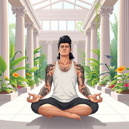 An illustration of a serene scene inside a peaceful Greek temple, featuring a man with a mullet hairstyle and tattoos practicing yoga in the lotus position