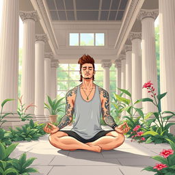 An illustration of a serene scene inside a peaceful Greek temple, featuring a man with a mullet hairstyle and tattoos practicing yoga in the lotus position