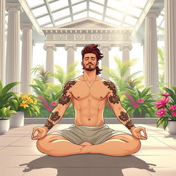 An illustration of a serene scene inside a peaceful Greek temple, featuring a man with a mullet hairstyle and tattoos practicing yoga in the lotus position