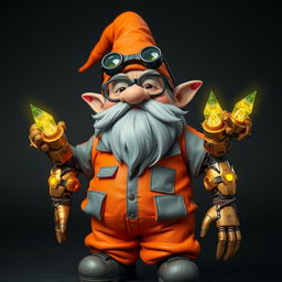 A grey-skinned gnome wearing binocular-type glasses, dressed in an orange and grey prison jumpsuit