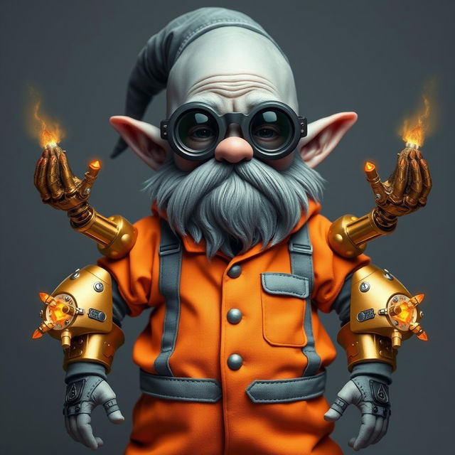 A grey-skinned gnome wearing binocular-type glasses, dressed in an orange and grey prison jumpsuit