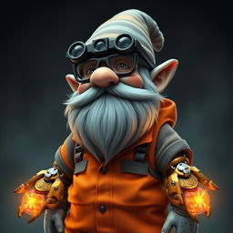 A grey-skinned gnome wearing binocular-type glasses, dressed in an orange and grey prison jumpsuit