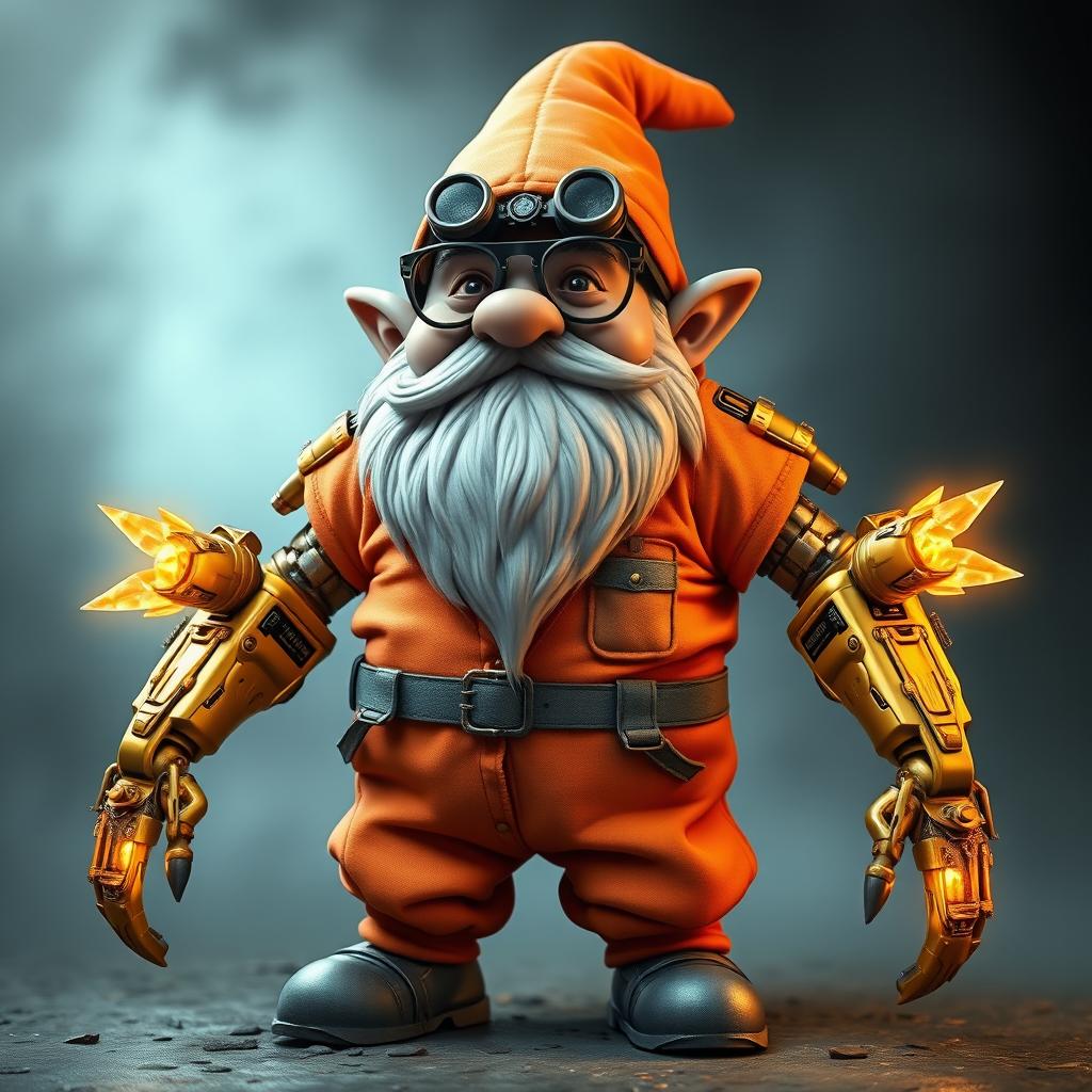 A grey-skinned gnome wearing binocular-type glasses, dressed in an orange and grey prison jumpsuit