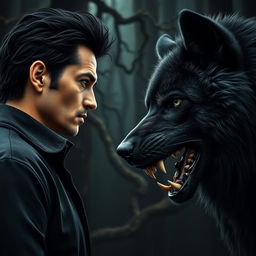 A captivating side profile of a serious man with thick black hair and large, striking green eyes