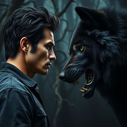A captivating side profile of a serious man with thick black hair and large, striking green eyes