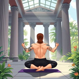 An illustration of a serene scene inside a peaceful Greek temple, featuring a man with a mullet hairstyle and tattoos on one arm, practicing yoga in the lotus position