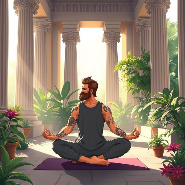 An illustration of a serene scene inside a peaceful Greek temple, featuring a man with a mullet hairstyle and tattoos on one arm, practicing yoga in the lotus position