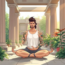 An illustration of a serene scene inside a peaceful Greek temple, featuring a man with a mullet hairstyle and tattoos on one arm, practicing yoga in the lotus position