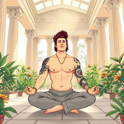 An illustration of a serene scene inside a peaceful Greek temple, featuring a man with a mullet hairstyle and tattoos on one arm, practicing yoga in the lotus position