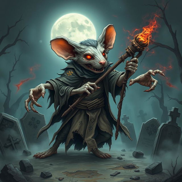 An intricate illustration of a mouse-humanoid weremouse mage depicted as a zombie, featuring multiple limbs that enhance its eerie presence