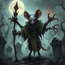 An intricate illustration of a mouse-humanoid weremouse mage depicted as a zombie, featuring multiple limbs that enhance its eerie presence