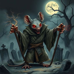An intricate illustration of a mouse-humanoid weremouse mage depicted as a zombie, featuring multiple limbs that enhance its eerie presence