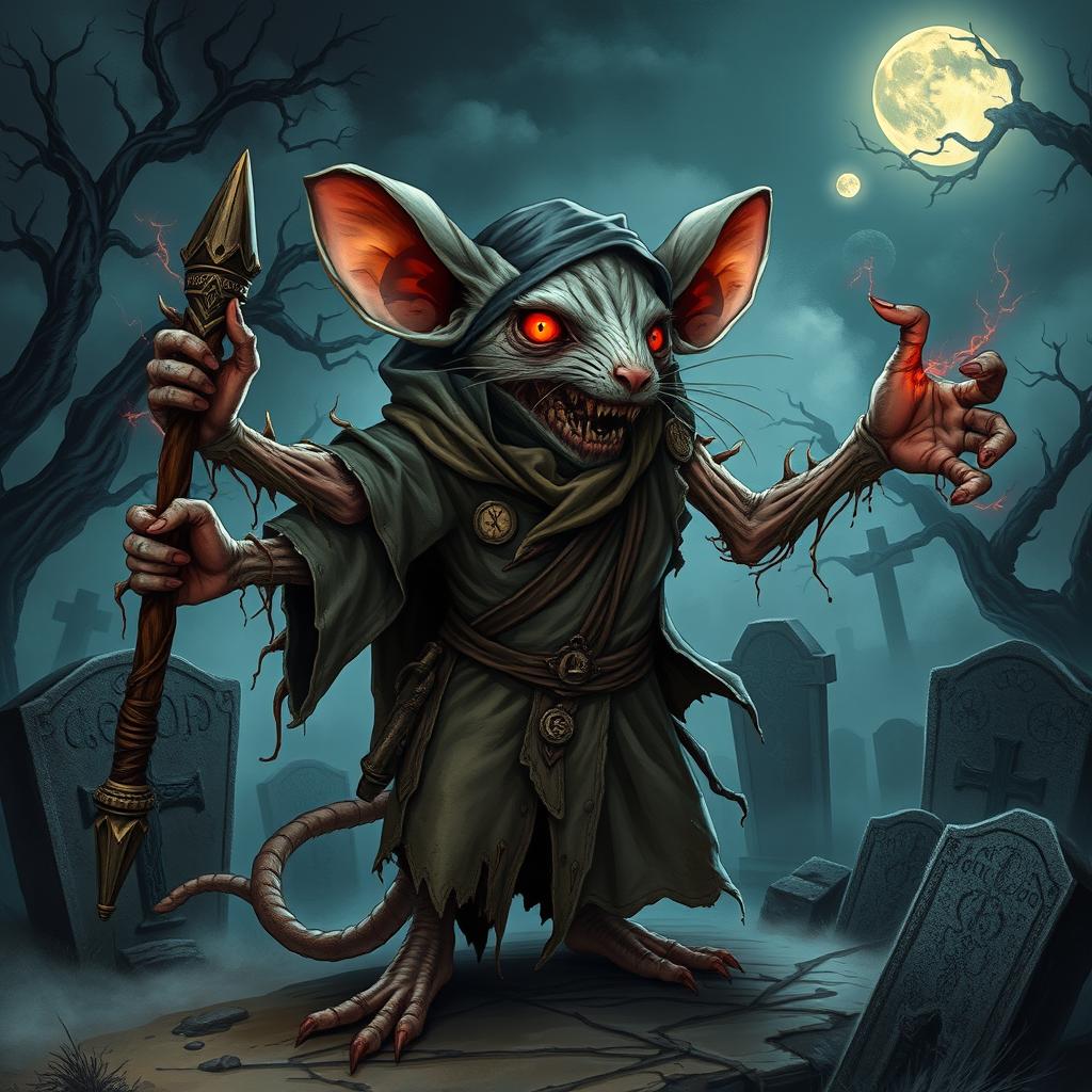 An intricate illustration of a mouse-humanoid weremouse mage depicted as a zombie, featuring multiple limbs that enhance its eerie presence