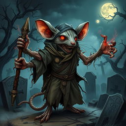 An intricate illustration of a mouse-humanoid weremouse mage depicted as a zombie, featuring multiple limbs that enhance its eerie presence