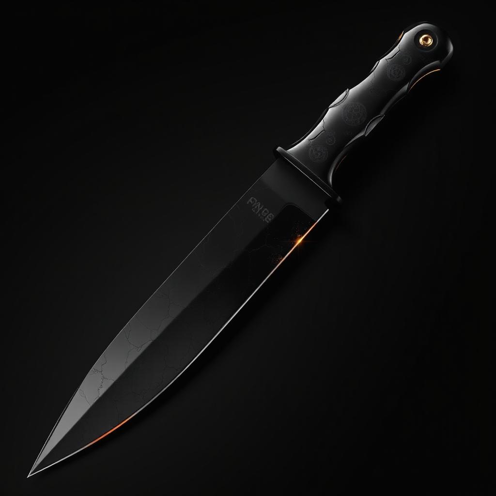 A knife forged from black obsidian, with a blade that reflects darkness yet reveals a hidden spark of pure gold deep within