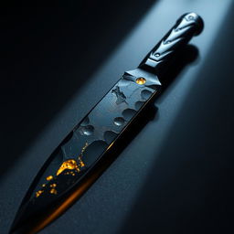 A knife forged from black obsidian, with a blade that reflects darkness yet reveals a hidden spark of pure gold deep within