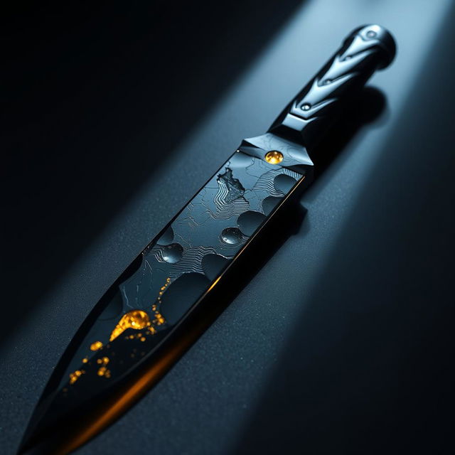 A knife forged from black obsidian, with a blade that reflects darkness yet reveals a hidden spark of pure gold deep within