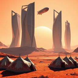 Futuristic parametric architecture featuring sleek, organic shapes of skyscrapers towering over a vast desert landscape