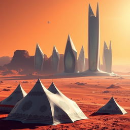 Futuristic parametric architecture featuring sleek, organic shapes of skyscrapers towering over a vast desert landscape